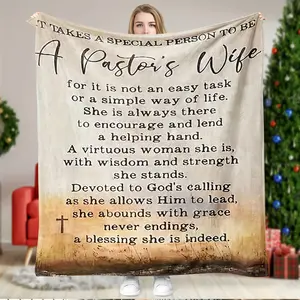1 Pastor's Wife Appreciation Gift - Soft Flannel Blanket with Inspirational Christian Quotes & Cross Design, All-Season Comfort, Christmas or Birthday Gift for Preacher's Wife, Beige & Blue Printed Religious Throw, Christmas Card for Pastor & Wife, T