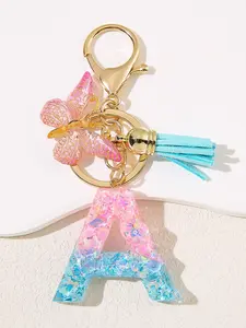 1 PC / Initial keychains accessory - Fashionable car backpack key ring chain pendant - Creative English letter resin butterfly tassel keychain - Top choice for Christmas party gifts - Trendy cute keychain