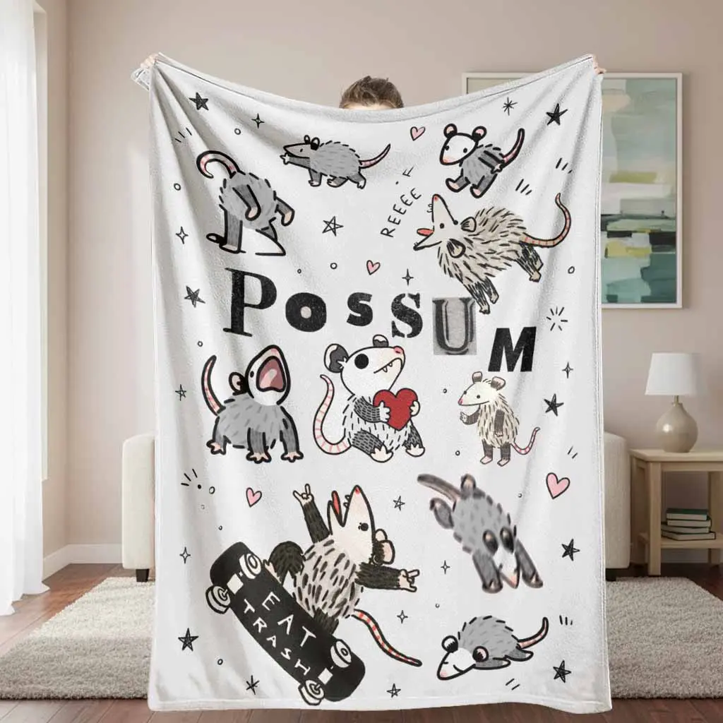 Cute Possum Flannel Throw Blanket - Cartoon Opossum Print, Wrinkle Resistant, Breathable, Durable, Soft, Warm, Lightweight, Plush Decorative for Sofa, Cozy Corner, Ideal Gift for Blanket Obsessed Individuals