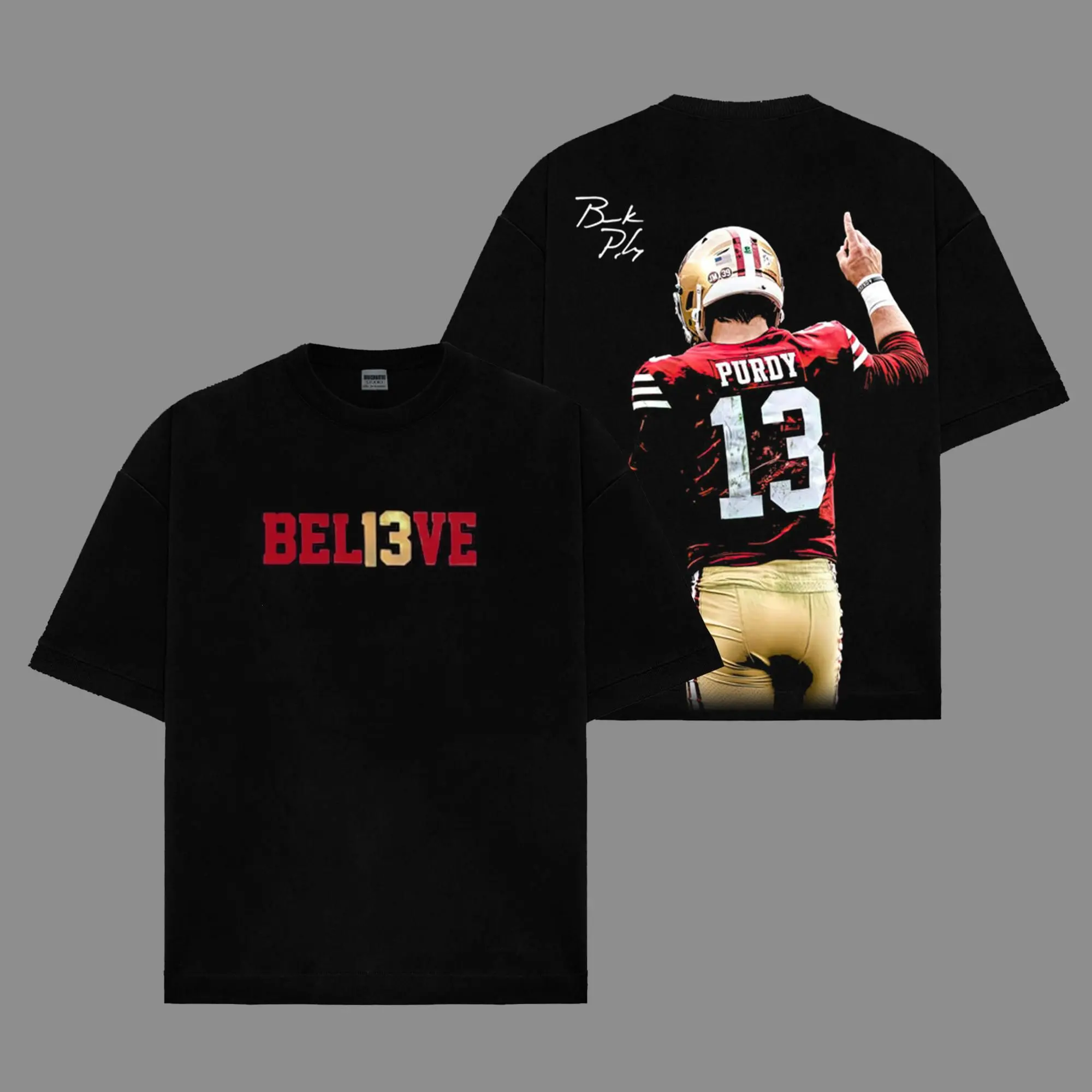 49ers Faithful Fit - 'BEL13VE' Brock Purdy 13 V2 T-Shirt, Niner Gang Football Fans Game Day Outfit, Gift For Football Fans, Graphic Football Shirt