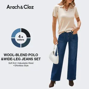Arach&Cloz Womens Wool Blend Polo Shirts+Denim Adjustable Waist Buttons High Waisted Wide Leg Jeans 2026