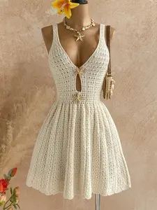 Women's Vacation Casual Soft Starfish Decor Knit Dress, Summer Fashion, Plain Color Party Dress, Beach Dress, Elegant Chic Women's Dress