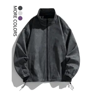 Men's Solid Drop Shoulder Zip Up Jacket, Loose Casual Funnel Neck Long Sleeve Outerwear for Fall, Men's Clothes for Daily Wear