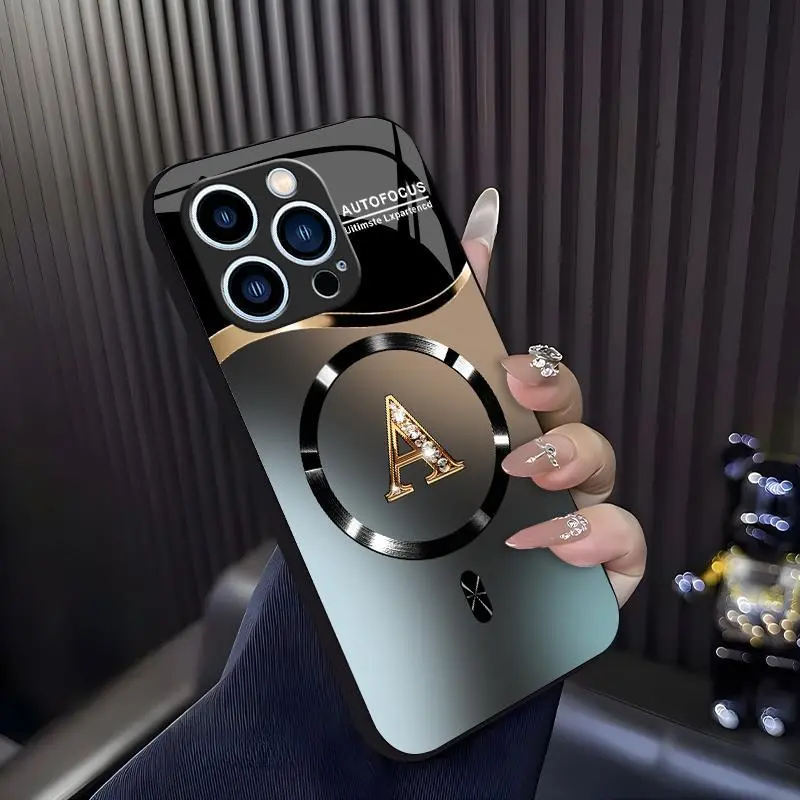 Suitable for [iPhone 14 Pro] high-end MagSafe phone case🥰, Features a magnetic attachment function Luxury Gradient Metallic Bling Rhinestone 26 Initial 952