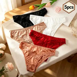 5 Pcs Women Underpants Low-waist Advanced Light Seamless Floral Lace Trim Silky Stretchable Panties Women Honeymoon Wedding Night Thong Womenswear Comfort Mother's Day Gifts tiktokshopspringglowup