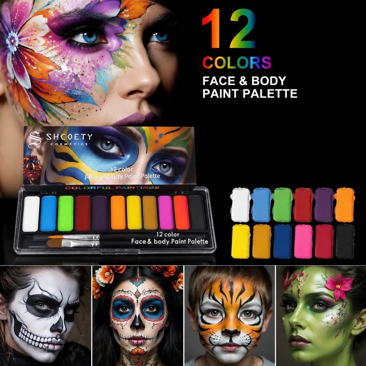 Summerween & Halloween Cosplay Face & Body Paint Set,12‑Shade Water‑Based Paint Palette with Brushes, for Costume Party, Labor Day, Stage & Fall Festival Body Art Makeup Cosmetic
