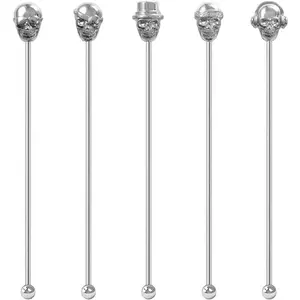 Skull Shape Swizzle Sticks, Reusable Stainless Steel Coffee Beverage Stirrers Cocktail, 5-Pack Drink Stir Sticks for Bar Party Home Office (Silver)