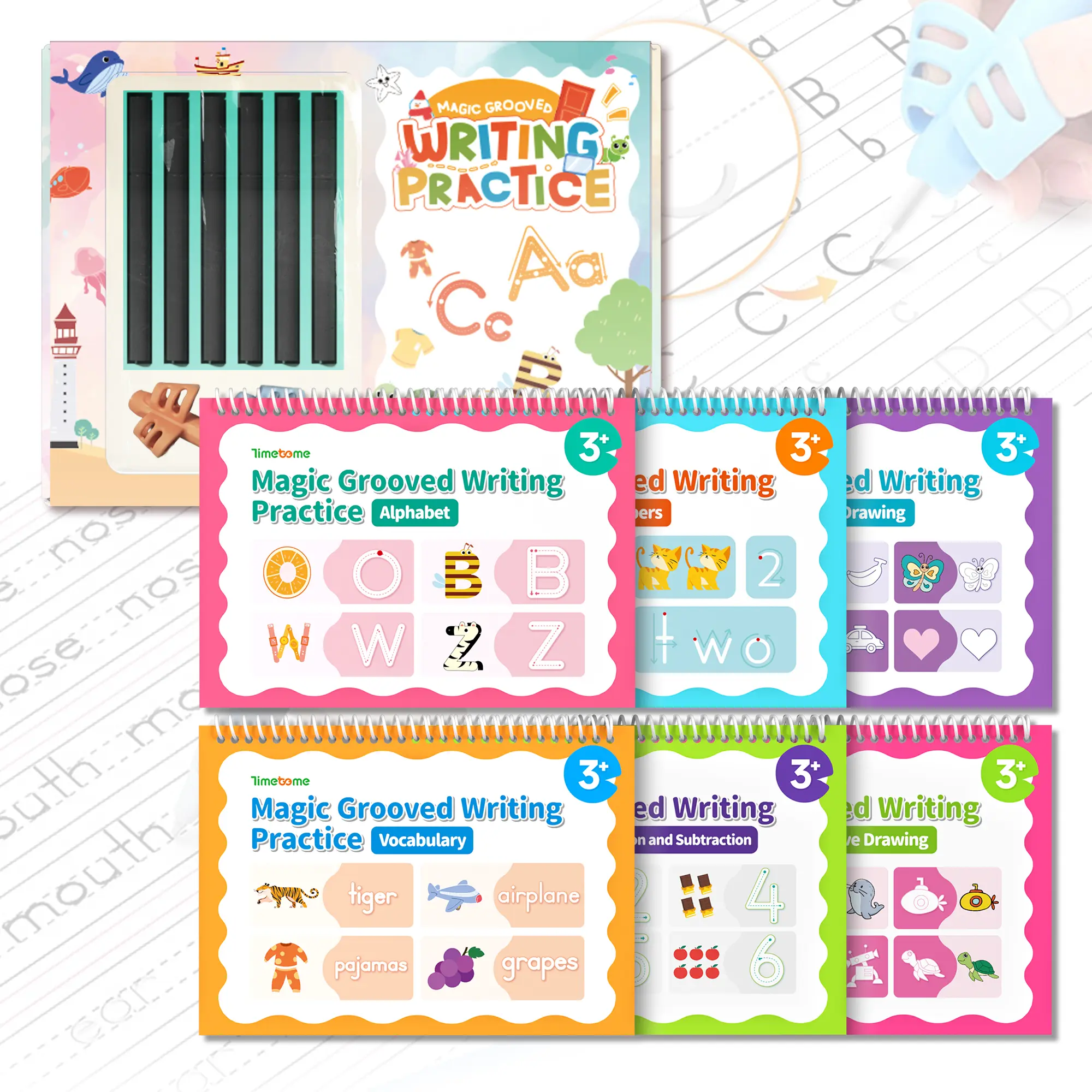 2026-TIMETOME Spanish Reusable Grooved Handwriting Workbook for Kids, Learning Materials, 6 Books–Early Elementary,Math, Words, Drawing –Gift for Child，summer learning workbook