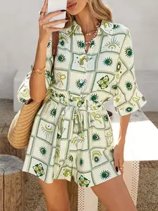 New Women's Front Button Waist Belt Casual Boho Print Shirt Collar Romper, Sunlight Beach Vacation Dress, Ladies One-Piece, Bohemian Overalls, Womenswear
