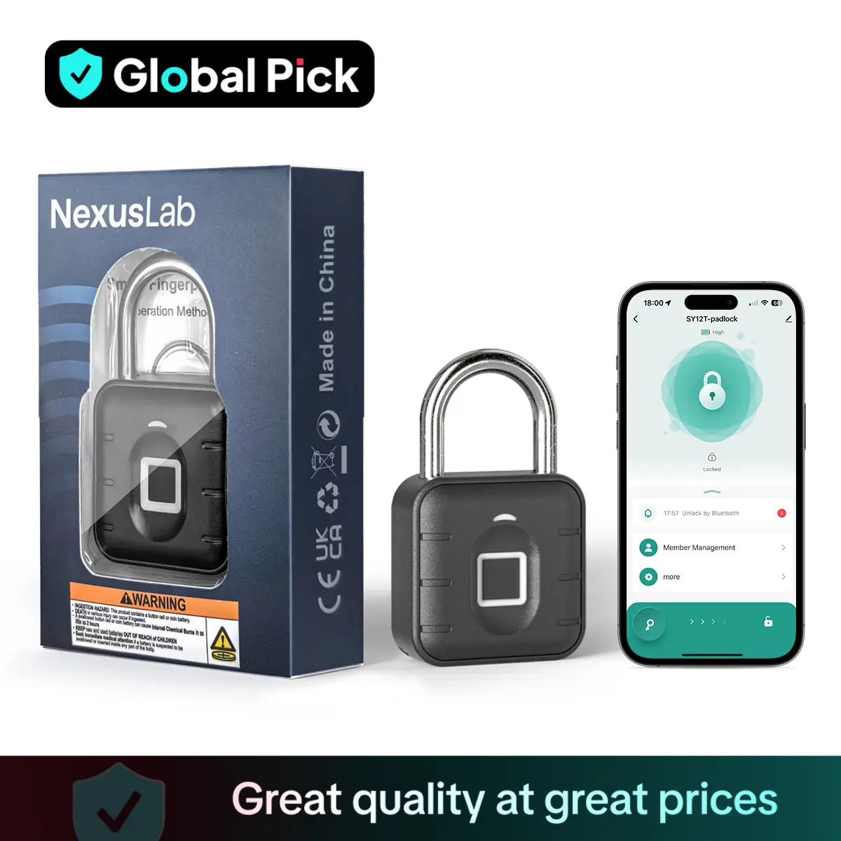 NexusLab Smart Fingerprint Padlock, Tuya App Control, Bluetooth Unlock, IP67 Waterproof, 10 Fingerprint Capacity, Stainless Steel Shackle, For Suitcas