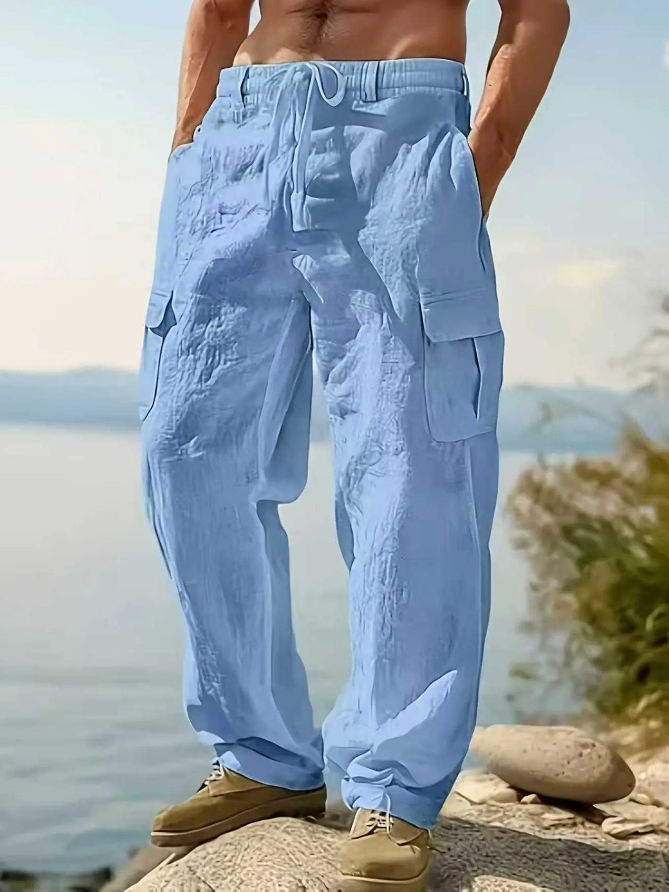 Men's Linen Cargo Pants with Drawstring, Multi-Pocket Straight Leg Casual Long Pants, All Season Trousers, Breathable Outdoor Beach Wear, Menswear
