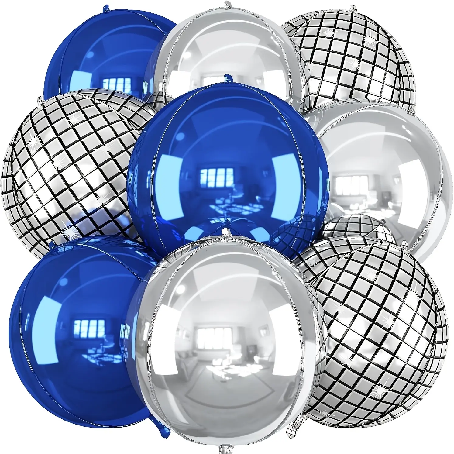 12 Pcs 4d Round Blue Silver Round Foil Balloons set 10inch small Dark Navy Blue Metallic Silver Disco 4D Ball Balloons Ornament Mylar Balloon for Birthday Graduation Wedding Anniversary Retro Disco Graduation Prom Party Decorations Balloon Party Supplies