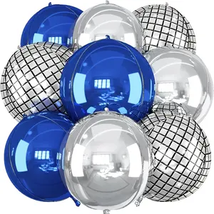 12 Pcs 4d Round Blue Silver Round Foil Balloons set 10inch small Dark Navy Blue Metallic Silver Disco 4D Ball Balloons Ornament Mylar Balloon for Birthday Graduation Wedding Anniversary Retro Disco Graduation Prom Party Decorations