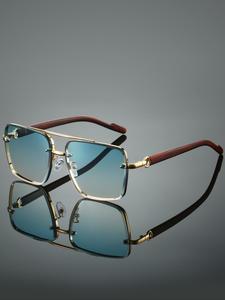 Men's New Full Frame Square Glasses, Retro Dual Bridge Design, Imitation Wood Texture Temples, Metal Frame, Classic Fashion Decorative Eyewear