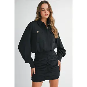 Cargo Pocket Collar Shirt Ruched Skirt Mix Dress Black