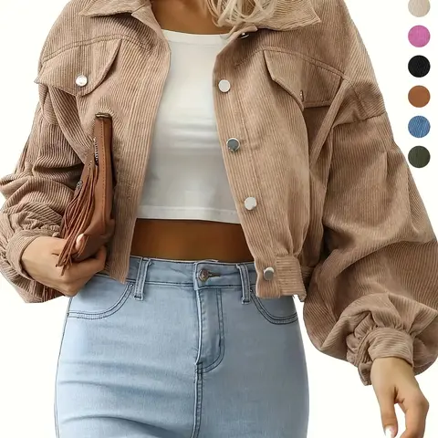 Women's Fashion Four-Season New Jacket, Loose Fit Slimming Casual Notch Lapel Velvet Lantern Sleeve Short Coat, Ladies' Stylish Outerwear Long Sleeve