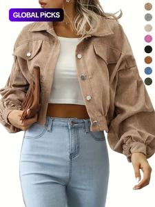 women's plain pocket button front lantern sleeve ruched jacket, casual drop shoulder long sleeve collar outerwear for daily wear, ladies clothes, everyday womenswear, longsleeves clothes for women