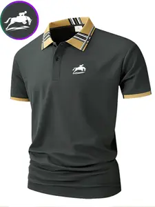 Men's Horse Print Polo Shirt, Slim-Fit Short Sleeve, Button Front, Business & Casual Wear, Classic Collar, Ribbed Sleeves, Elegant Men's Fashion