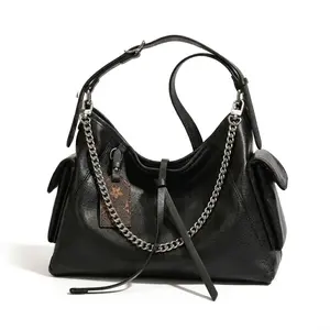 Black Top Grain Cowhide Leather Hobo Bag for Women, Soft Slouchy Shoulder Purse, Large Capacity Everyday Handsbag