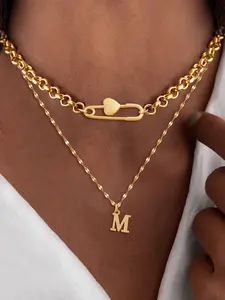 Women's Stainless Steel Chain Necklace Set, Elegant Letter Heart Pin Pendant Design, Multi-Layered Chain Jewelry for All Seasons