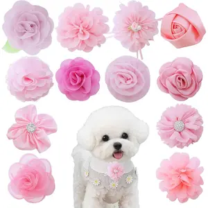 12 Pcs Pink Dog Collar Flowers Cat Collar Flower Attachment Detachable Embellishment with Elastic Rubber Band Soft Chiffon Dog Bow Tie Charms Flower for Female Dogs Wedding Birthday Parties