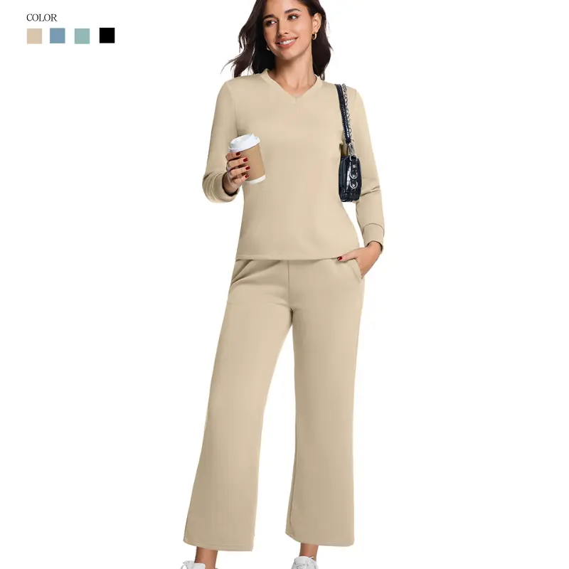 OVESPORT Women's Loungewear Set Long-Sleeved Casual Two-Piece Silky Draped V-Neck Top with Pockets & Wide-Leg Cropped Trousers for Everyday Wear Fit Pajama