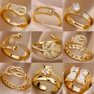 18K Gold Plated Leaf Ring with Full CZ Stones for Women Luxury Elegant Open Design NonTarnish High Quality Party Jewelry Gift Adjustable Heart Rate Couples Bracelet Set Day Daily Bible Verse men nature inspired zirconia Gold Color Rings Gold Filled Rings