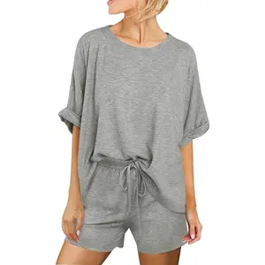 Tankaneo Women's 2-Piece Loungewear Set Oversized Short-Sleeve T-Shirt & Drawstring Shorts Pajamas Summer Outfit