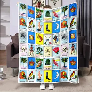 Mexican Loteria Card Pattern Blanket, Soft Flannel Material, Ideal for Cozy Bedrooms & Air-Conditioned Rooms, Perfect for Naps at Home & Office, Figure Print Blanket