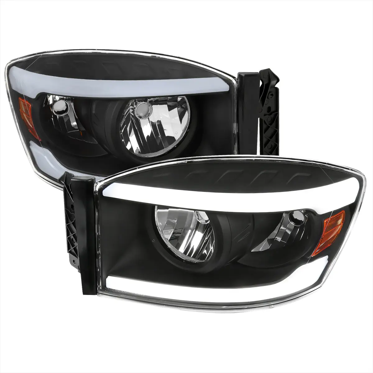 2006-2008 Dodge Ram 1500/ 2006-2009 Ram 2500 3500 LED Tube Factory Style Headlights with Amber Reflector (Matte Black Housing/Clear Lens), Replacement Car Lights, Truck Headlight