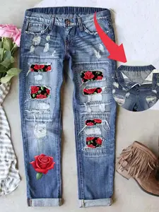 Women's Valentine's Day Patch Ripped Distressed Mid-Waist Boyfriend Fit Washed Floral Print Loose Denim Jeans Button Elastic Waistband Breathable Comfort Fabric All Seasons Wear
