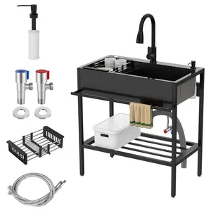 Explorinox Stainless Steel Utility Sink with 360° Faucet Large Capacity Single Bowl Built-In Storage Shelf Hoses & Drain Kit Freestanding for Laundry Room Kitchen Garage