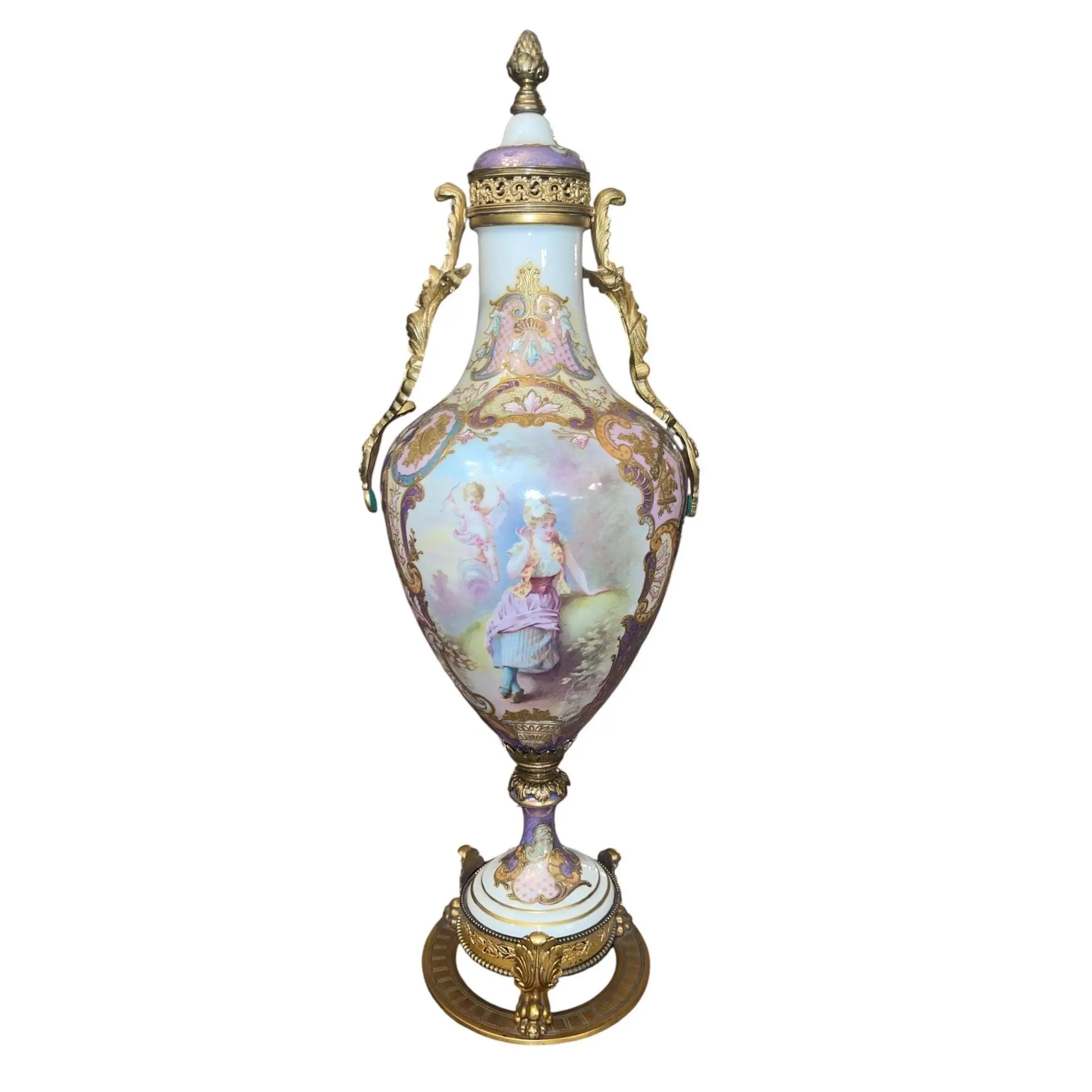 Antique 19th Century French Sevres Porcelain & Bronze Vase. Signed Maxant.