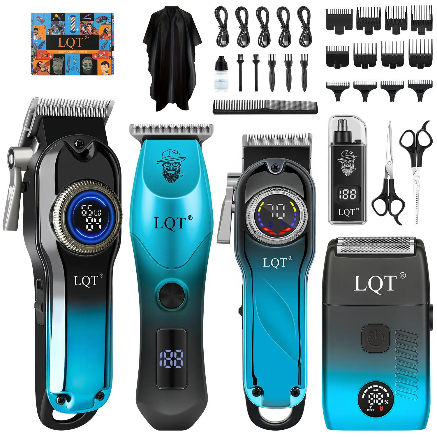 LQT 4-in-1 Gradient Blue Black Barber Kit, Cordless Hair Clipper×2, Detail Trimmer, Foil Shaver & Nose Trimmer with LCD Display, Complete Mens Home Grooming Set