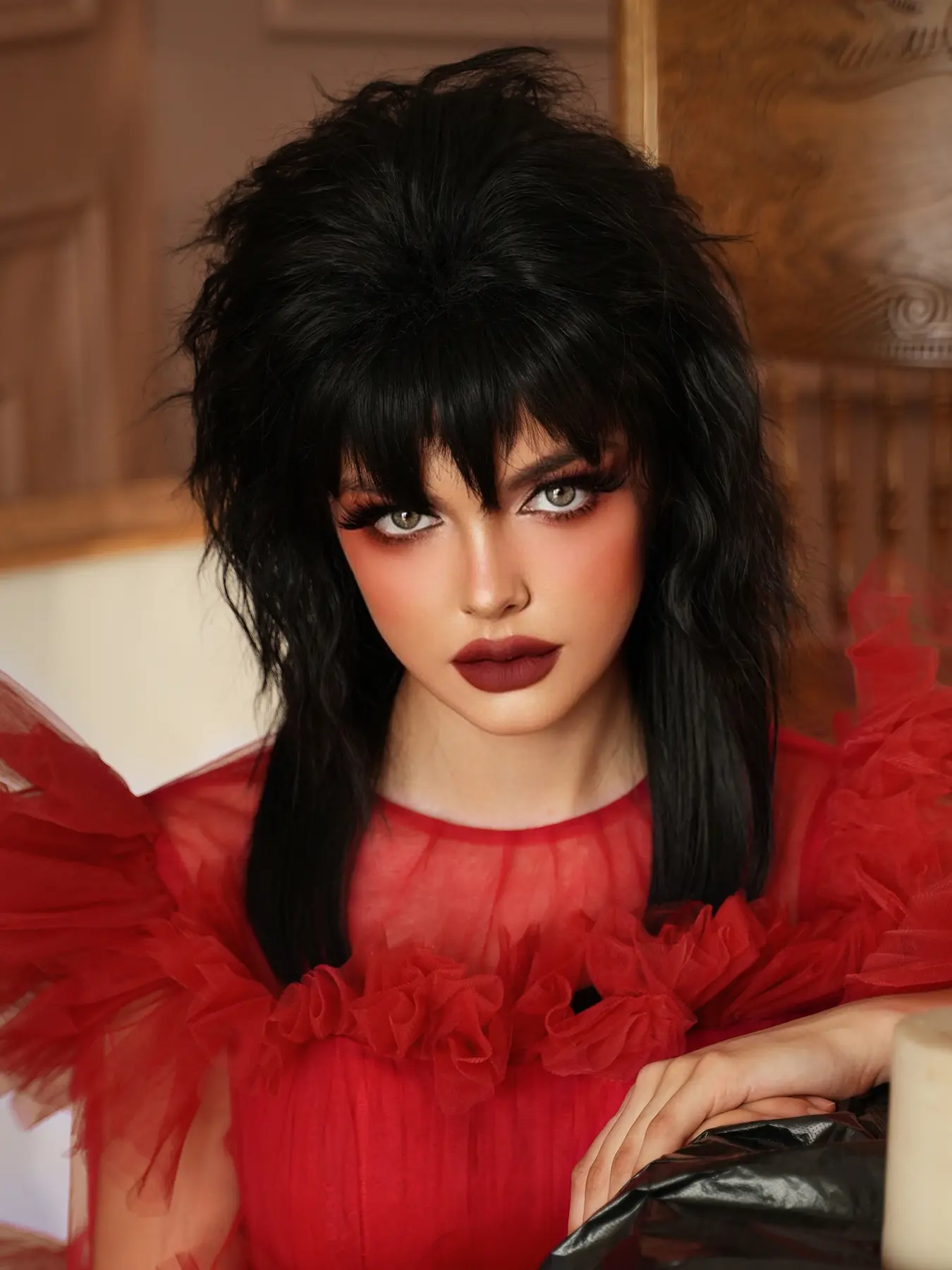 22 Inch Black Wolf Cut Gothic Wigs for Women, Medium Length Curly Synthetic Wig with Bangs, Premium Heat Resistant Fiber Full Machine Hair Wigs for Halloween Beetlejuic? Costume Cosplay Use, Music Festival Party Street wear Photography
