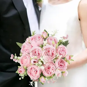 2PCS Peonies Artificial Flowers, Small Silk Flowers for Home Decor Indoor Fake Bouquet Faux Floral Arrangements Dining Table Centerpieces for Kitchen Bridal Wedding Party Decor