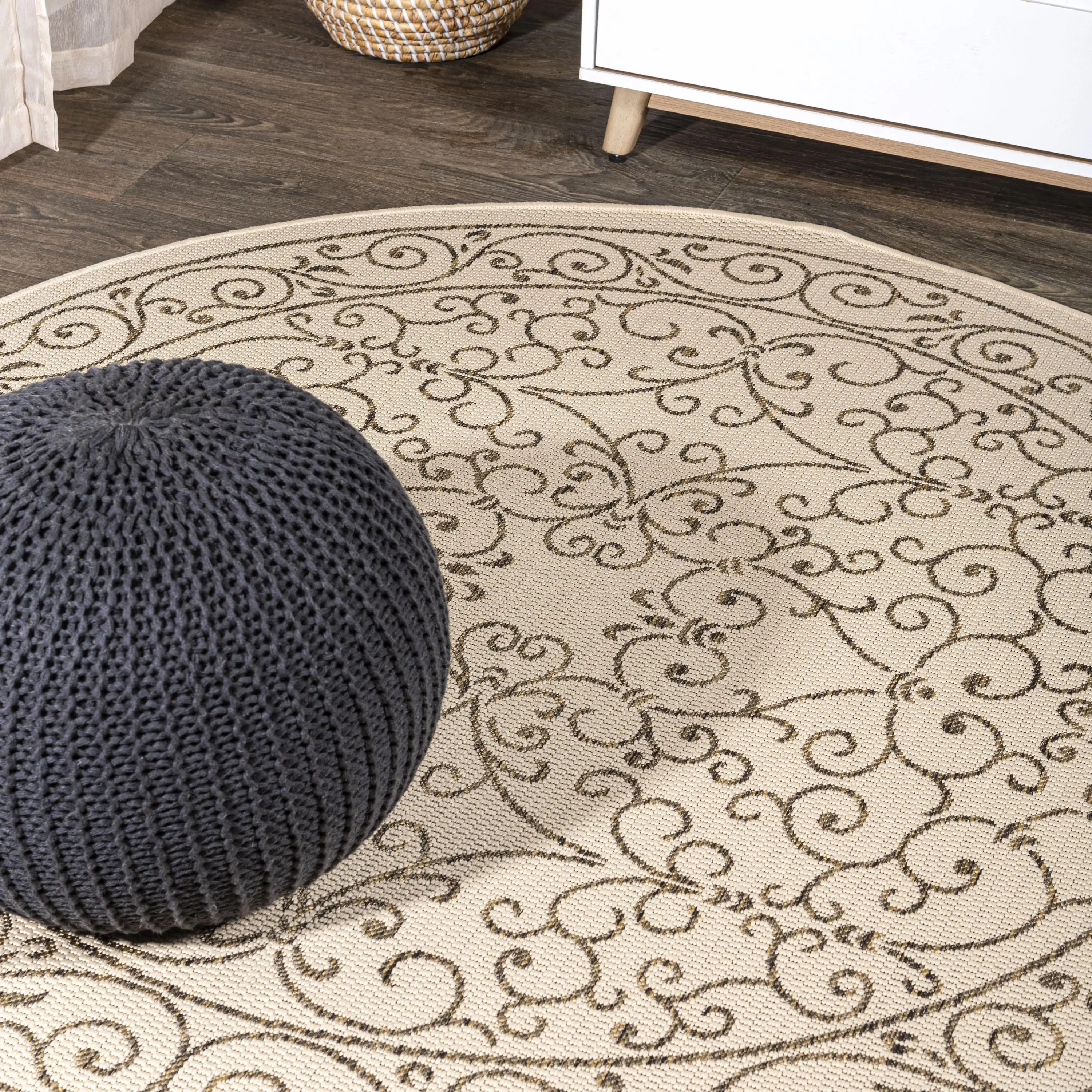 JONATHAN Y Charleston Vintage Filigree Textured Weave Boho Washable Decorative Indoor/Outdoor Round Area Rug - for Living Room, Patio, Bedroom, Boho Washable Rug, Decorative Rug