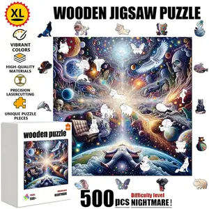 1 Box (500+ pieces) Wooden Puzzle with Unique Irregular Shapes, Seamless and Tight Interlocking. It is a great gift choice for Christmas, Halloween, or housewarming