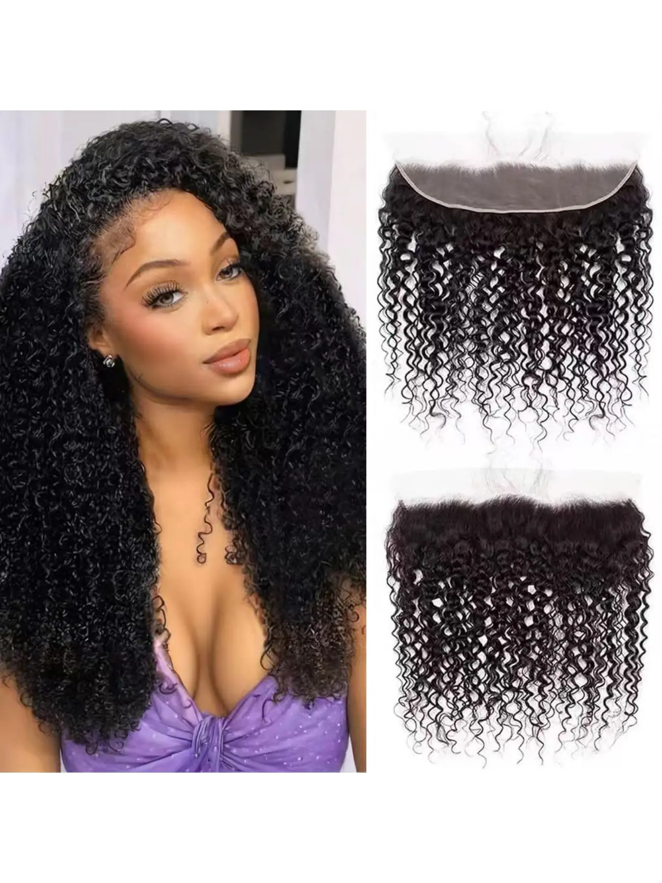 Kinky Curly Lace Frontal Closure, 13x4 Unprocessed Brazilian Virgin Hair, HD Transparent Lace, Ear-To-Ear Design, Natural Color, Lace Front Wigs, Human Hair Wigs