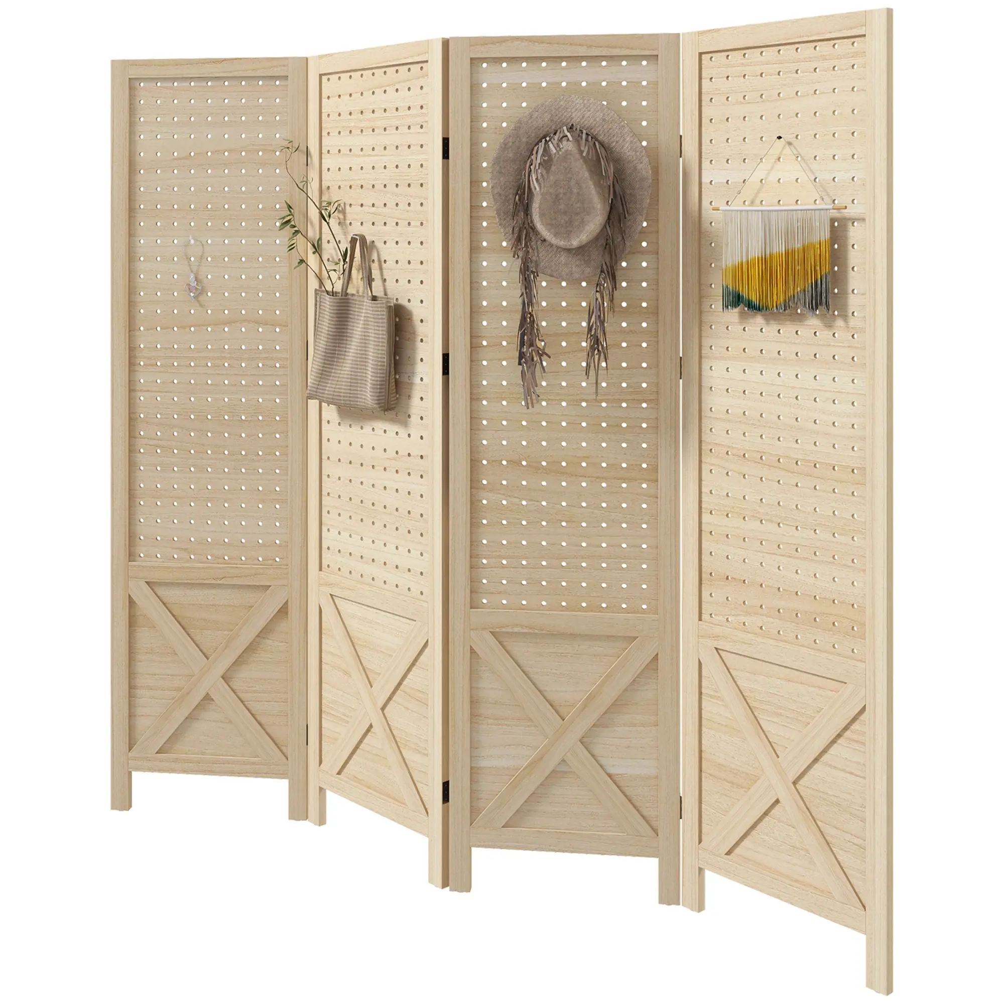 Natural 4 Panel Folding Room Divider with Pegboard Organizer Display, Freestanding Wood Privacy Screen for Home Office Living Room Bedroom, Farmhouse X-Style, Metal Hinges, Anti-Slip Feet, Ready to Use, No Tools Required