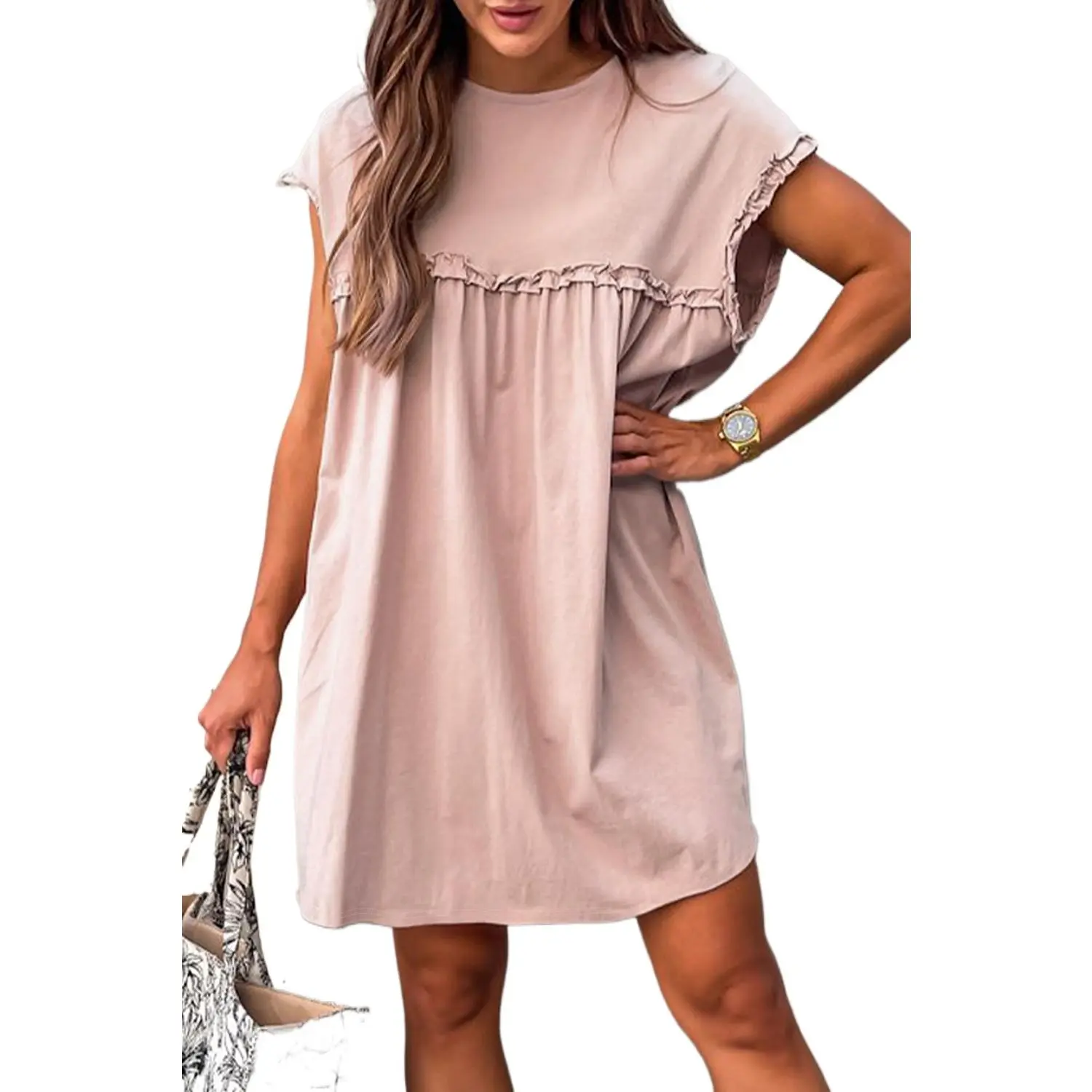 Solid Casual Mini Dress for Women, Short Sleeve Crew Neck with Frilled Trim, Loose Fit H-Line for Summer Daily Wear, Basic, Lady, Womens Dresses, Lightweight Fabric, H-Line Cut, Women's Dresses, H Type