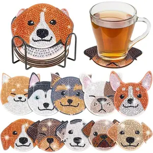 10-piece set of diamond painting kit coaster puppy pattern wooden material with bracket, some inlaid with round crystal gemstone embellishment can be used as a non-slip home water cup, holiday gifts