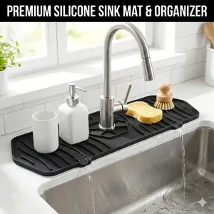 【Multi-purpose】14" Silicone Faucet Mat, Kitchen Sink Splash Guard, Self-Draining Pad with Dual Spouts, Sink Protector & Organizer, Kitchen Accessories Household Items for Bathroom RV, Keep Counter Dry Easy to Clean
