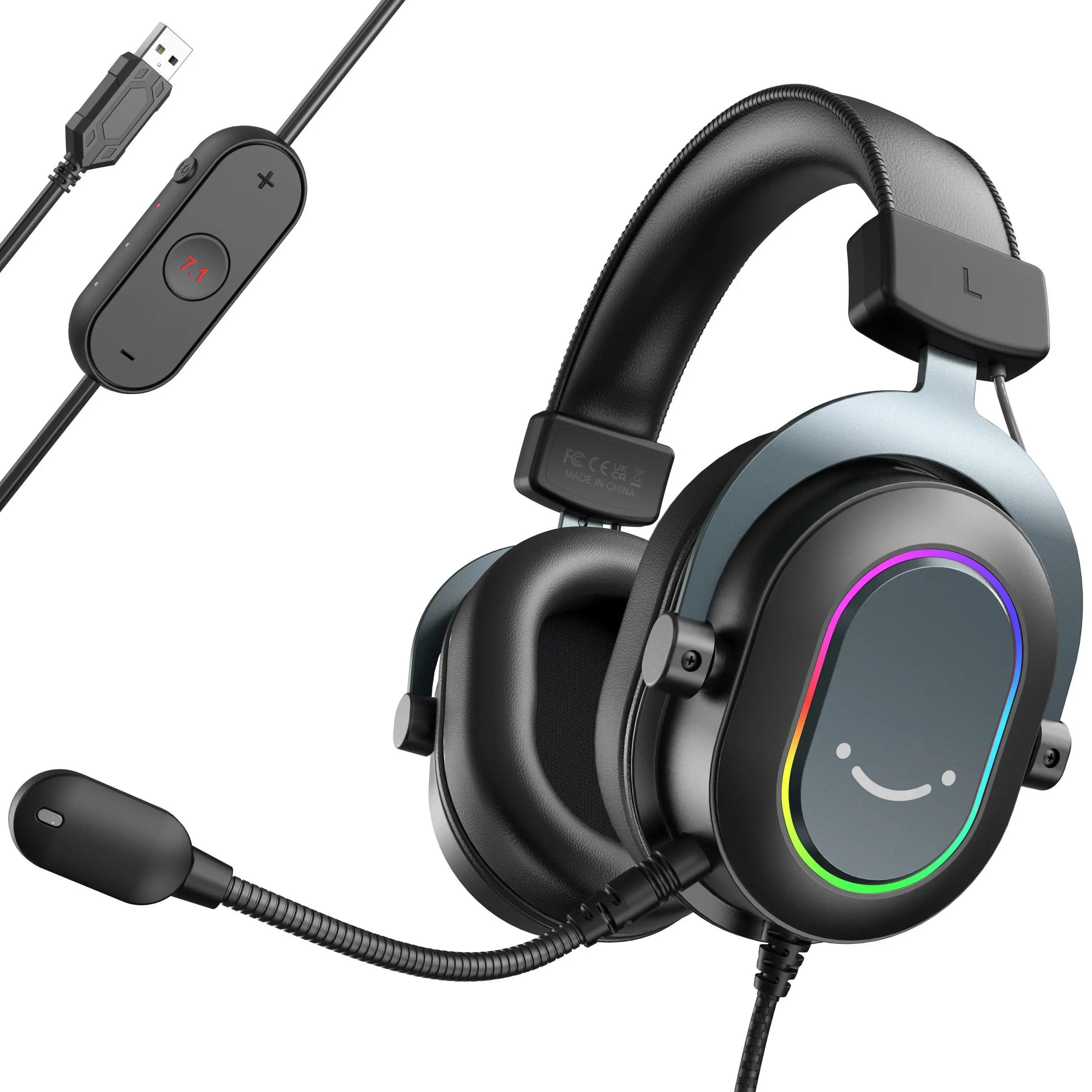 fifine H6 USB Gaming Headset for PC, Wired Headphones with Microphone, 7.1 Surround Sound Computer Headset for Laptop, Streaming Headphones on PS4/PS5, with there EQ Mode, RGB, Soft Ear Pads