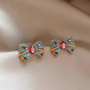Exquisite Vintage Minimalist Bow Stud Earrings, Glittering Blue Synthetic Zirconia Inlaid, Lightweight Luxury Women Jewelry, Daily Party Accessory, Perfect Gift for Her