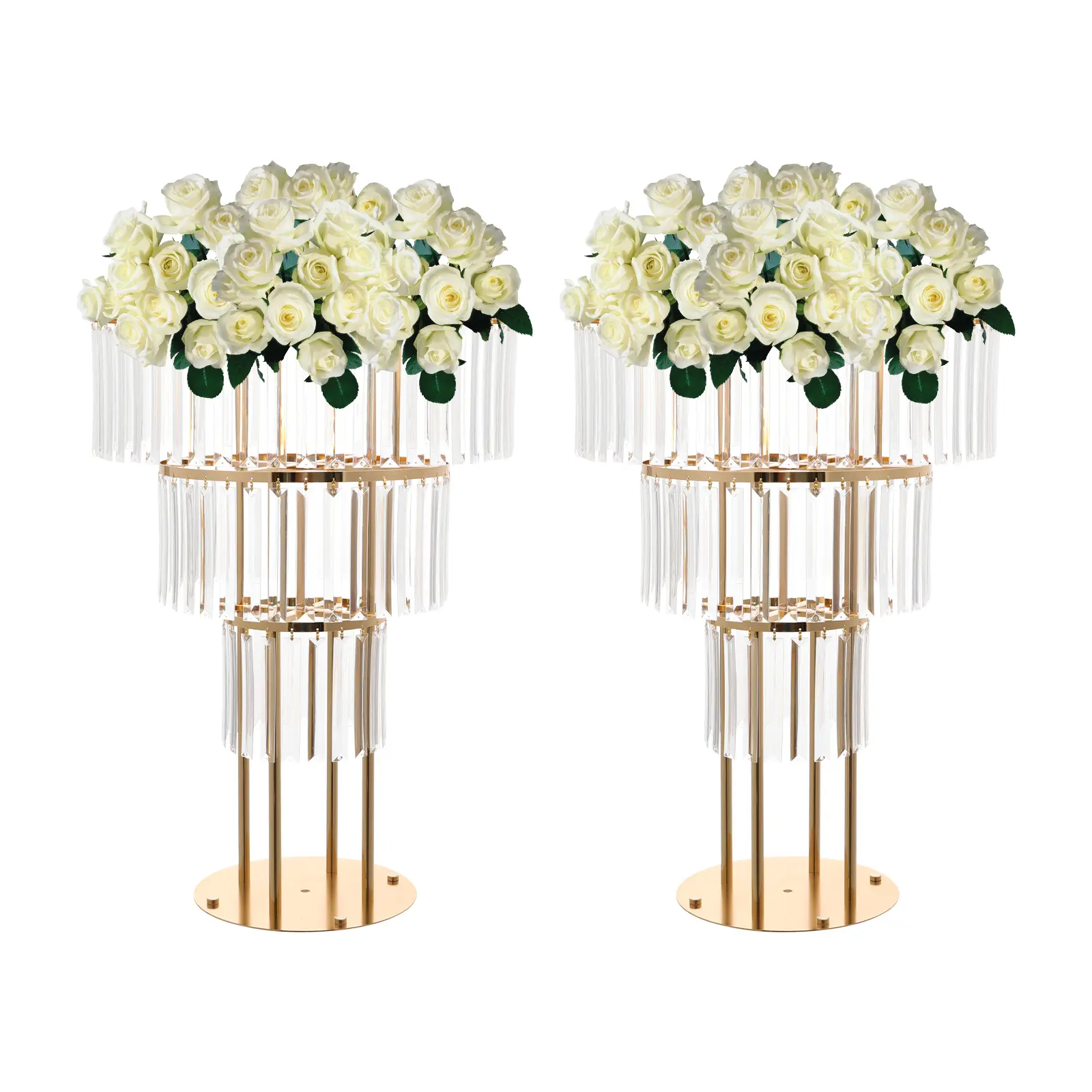 2 Pcs Gold 3-Tier Iron-Acrylic Round Flower Stands (5kg Load) - Wedding Table Centerpieces, Decoration with Flower Design, Home Supplies for Indoors Outdoors Use
