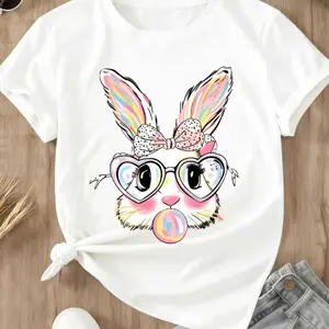 Cute Bunny Rabbit T-Shirt White Colorful Easter Bunny With Heart Glasses And Bubblegum Print For Spring And Holiday Wear