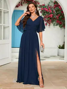 Elegant V Neck Flare Sleeve Ruched Waist High Slit Pure Color Chiffon Bridesmaid Dress, Women's Formal Party Gown