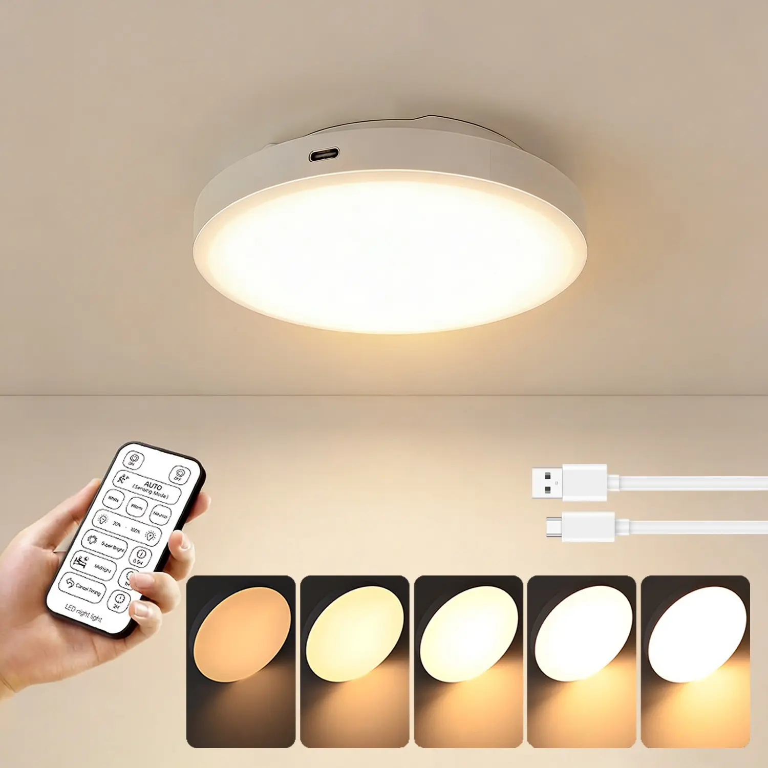 10000mAh Rechargeable Ceiling Light, Radar Motion Sensor Ceiling Lamp with Remote Control, Wireless LED Lamp, Indoor Wireless Lamp, 3 Color Temperatures, Adjustable Lighting, Ceiling Light for Corridors, Hallways, Stairwells
