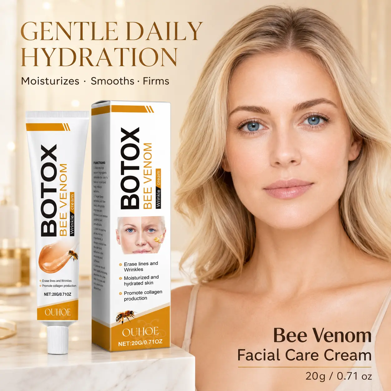 Bee Venom Facial Care Cream, Moisturizing Face Cream for Dry Skin, Fine Lines & Loss of Firmness, Smoother Firmer-Looking Skin, Daily Skin Care for Women, 20g